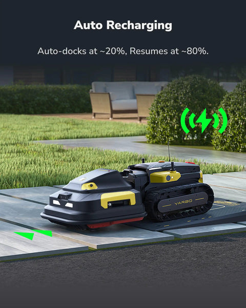 Auto-recharging Robot Lawn Mower Pro with Modular Design for Large Yards up to 6 Acres, app-controlled docking station visible.