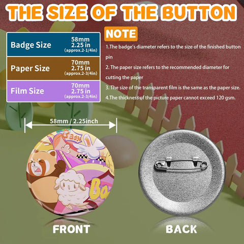 58mm Button Maker Kit For DIY Pins Includes Free Button Parts Circle Cutter Cutting Board Pattern Paper Holographic Bags Colored Film And Protective Case Pink Finish size guide