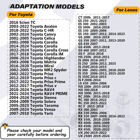 Compatibility list for Four Piece M12 X 1.5 Wheel Lock Lug Nuts Set With One Key for Toyota and Lexus vehicles.