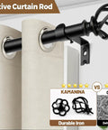 Black Curtain Rods Extendable From 32 To 144 Inches Heavy Duty 1 Inch Drapery Rod With Twisted Cage Ends installed on wall