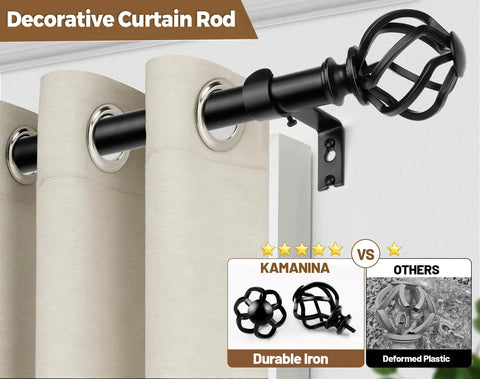 Black Curtain Rods Extendable From 32 To 144 Inches Heavy Duty 1 Inch Drapery Rod With Twisted Cage Ends installed on wall