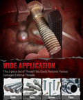 Thread being repaired using 3 Piece Thread Restorer File Set For Thread Chaser Repair Of Metric SAE UNC Threads, includes tools.