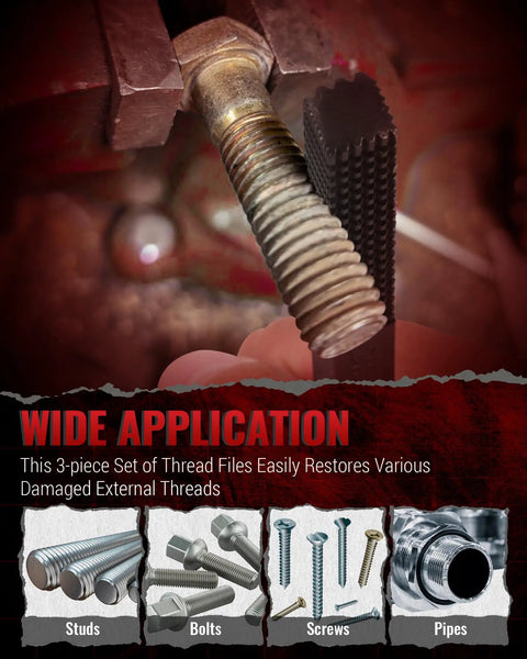Thread being repaired using 3 Piece Thread Restorer File Set For Thread Chaser Repair Of Metric SAE UNC Threads, includes tools.