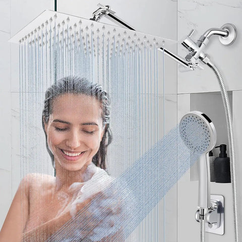 Woman enjoying Dual Rainfall Shower Combo With 11 Inch Extension Arm High Pressure Rain Head And Handheld Spray 1.5M Hose Chrome Finish