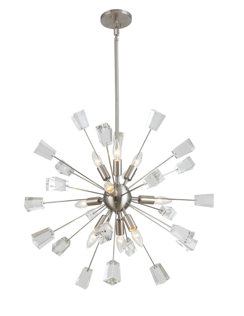 Stardust Sputnik Pendant Light With Crystal Beams Satin Nickel And Black Core Finish 25.88 Inch Diameter Includes 4 Inch, 6 Inch And 12 Inch Stems Plus Extra Stem Options For A Customizable Modern Showpiece, side angle