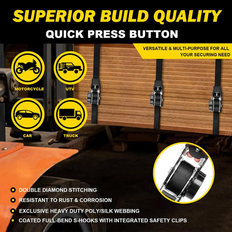 10 Foot Heavy Duty Retractable Ratchet Straps With Slick Auto Rewind System And Quick Release Clasp For Zero Drama Load Hauling 1800 Lb Grip Black Two Pack arranged on a wooden surface.