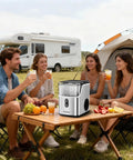 Group enjoying drinks with Countertop Nugget Ice Maker With Self Cleaning Function, Sonic Pebble Ice Machine outdoors.