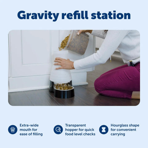 Woman refilling Hassle Free Double Pack Small Gravity Pet Food Station With Stainless Steel Bowl For Cats And Dogs.