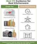 Guidance chart for using Adjustable Bakeware Organizer Pot Lid Holder Rack, includes size and fit advice for kitchenware.