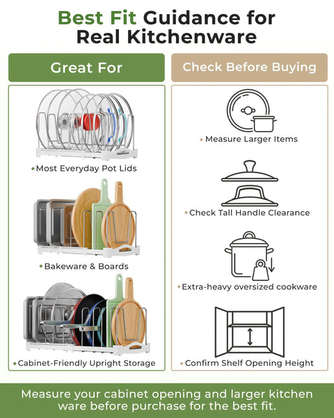 Guidance chart for using Adjustable Bakeware Organizer Pot Lid Holder Rack, includes size and fit advice for kitchenware.