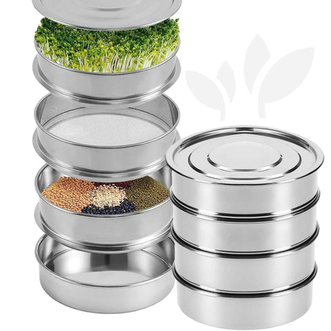 Stainless Steel 4 Tier Seed Sprouting Kit With Lid, 6 Inch Diameter, Indoor Kitchen Garden Planter For Microgreens And Broccoli Sprouts, Includes 3 Mesh Trays And Base Tray