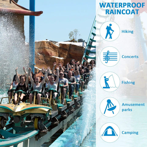 People on a water ride with overlay text showing uses for 100 Pack Disposable Rain Ponchos For Adults With Hood in outdoor settings.