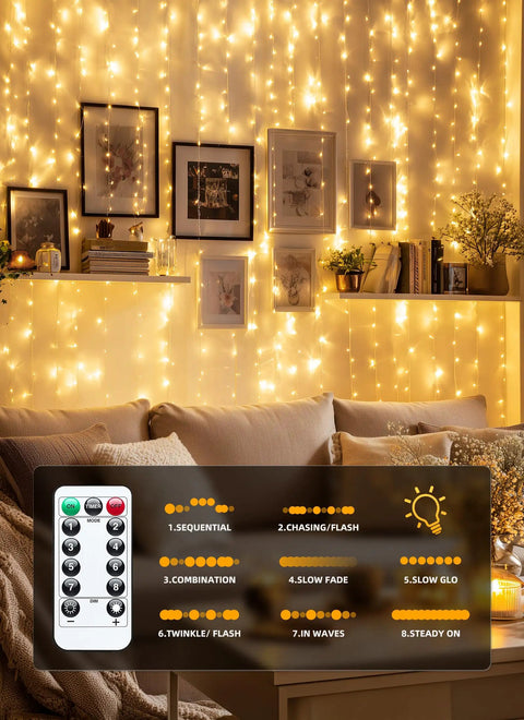 300 LED Curtain String Lights 9.8 Ft By 9.8 Ft Warm White USB Powered With 8 Modes And Remote in cozy bedroom setting