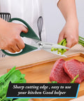 Person using All Purpose Kitchen Scissors 2 Pack Heavy Duty Meat And Poultry Shears With Comfort Grip Handles to cut herbs and meat.