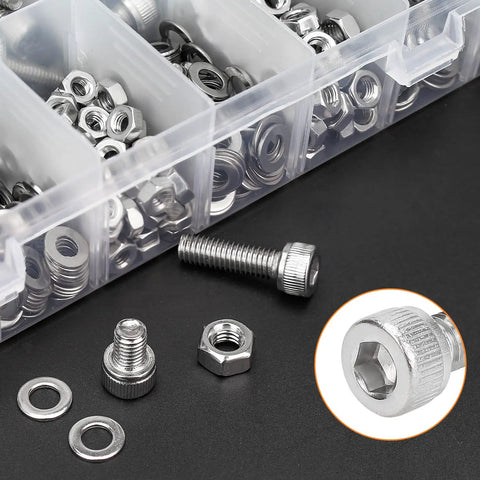 Top Shelf 810 Piece Metric Hardware Assortment Kit With M3 M4 M5 M6 304 Stainless Steel Hex Socket Screws Bolts Nuts Washers And Hex Keys For Quick And Reliable Repairs, close-up of stainless bolts, nuts, and washers in storage bin.