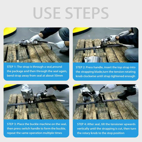 Steps for using Heavy Duty Pneumatic Steel Strapping Machine For 1.25 Inch Metal Belt With Air Powered Tensioner.