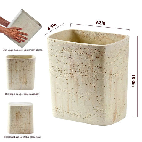 Natural Travertine Textures Tiny Trash Can 1.8 Gallon Bathroom Space Saver Garbage Bin with dimensions and hand for scale.