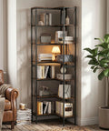 L Shaped Industrial Corner Bookshelf With Six Tier Storage For Living Room And Office, Sturdy Metal Frame And Particle Board