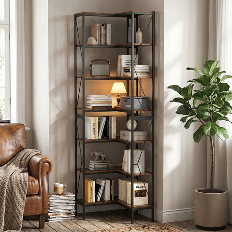 L Shaped Industrial Corner Bookshelf With Six Tier Storage For Living Room And Office, Sturdy Metal Frame And Particle Board