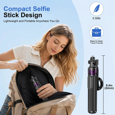 Woman placing 4 In 1 Magnetic Tripod For iPhone With 1 Quarter Inch Screw 53 Inch MagSafe Selfie Stick Tripod in backpack