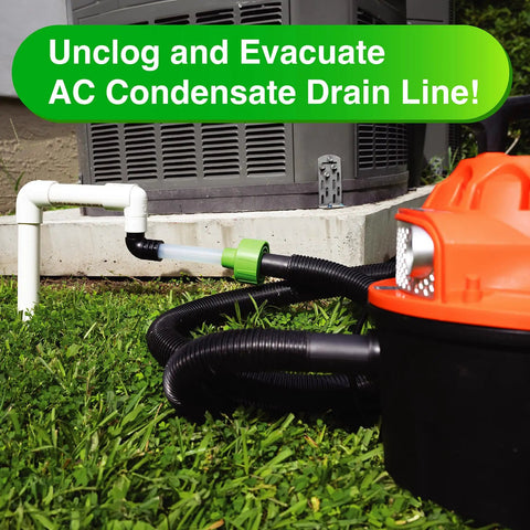 AC Drain Line Cleaner Adapter evacuates and unclogs PVC HVAC drain lines with clear view tube, vacuum connected for mess-free cleaning.