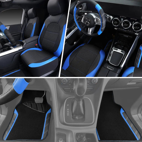 Air Mesh Leather Car Seat Cover Full Set With Waterproof Floor Mats And Sporty Steering Wheel Cover 14.5 To 15In Universal Fit in car