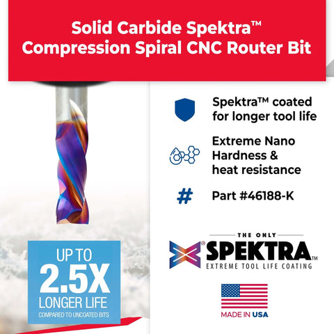 Solid Carbide Spektra Extreme Tool Life Solid Carbide CNC Compression Spiral Router Bit 1/2 Diameter X 1-1/4 Cutting Height X 1/2 Shank