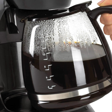 Super Convenient Programmable 12 Cup Coffee Maker With Removable Glass Carafe filled with fresh brewed coffee