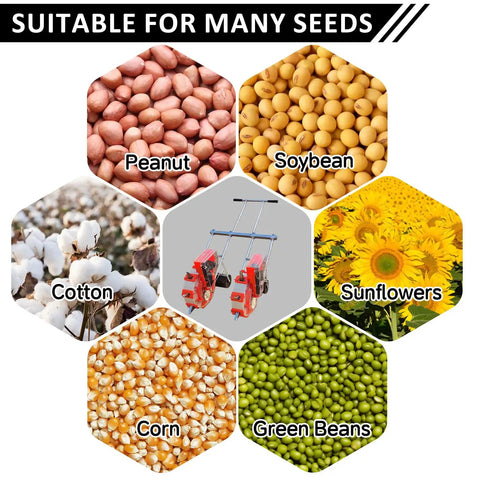 Image showing Adjustable Dual Row Hand Push Seeder for Garden Dope Multi Crop Planter Tool surrounded by peanuts, soybeans, cotton, corn, sunflowers, and green beans demonstrating its versatility for planting.