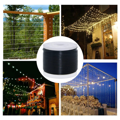 Ultimate 250ft Globe String Light Suspension Kit For Outdoors All In One DIY Hanging Set featured in various outdoor settings.