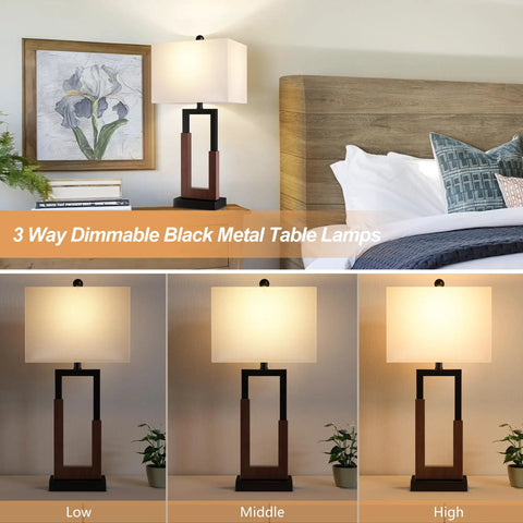 Farmhouse Style Table Lamps Set Of 2 Modern Black Wood Base Bedside Lamps With USB And Type-C Ports 3-Way Dimmable Nightstand Lighting White Rectangular Shade Perfect For Living Room Or Bedroom Decor displayed in bedroom setting
