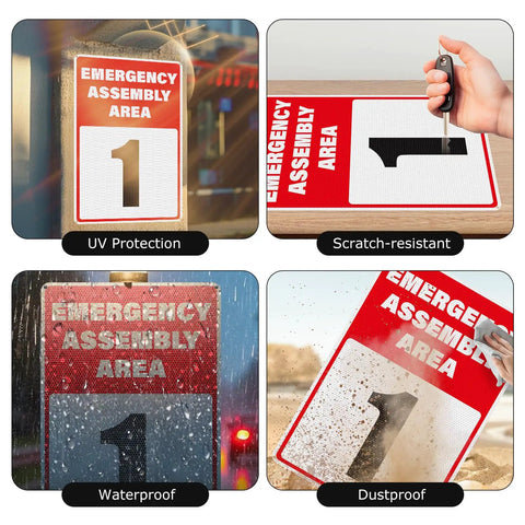 Two Pack Emergency Assembly Area Signs 18 By 12 Inches Aluminum Reflective Safety Signage With Pre Drilled Holes For Business Construction Site Warehouse And Evacuation Guidance showing UV protection, scratch-resistant, waterproof, and dustproof features.