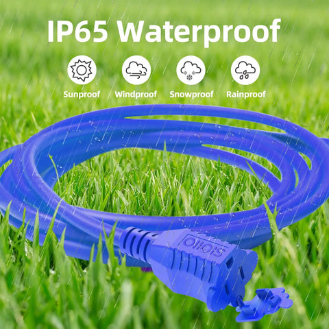 Heavy Duty 12 Gauge Outdoor Extension Cord 100 Ft Long Waterproof Power Cable coiled on grass with rain droplets.