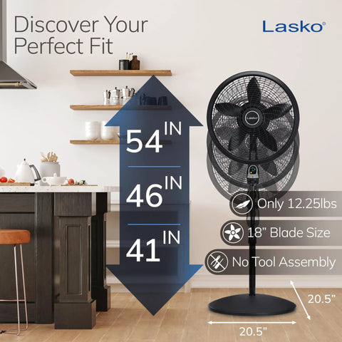 Oscillating Cyclone Pedestal Fan With Remote in kitchen, adjustable height to 54 inches, tilt-head, 18-inch blade, black standing fan.
