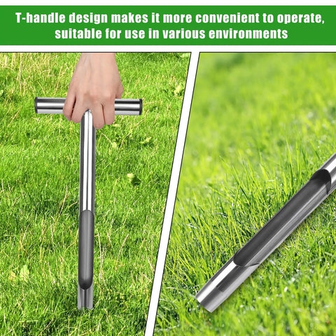 12 Inch Stainless Steel Soil Probe with T-Handle in garden, showing use for precise soil sampling with focus on handle design.
