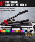 16 Inch Rivet Nut Tool Kit With Quick Change Head, case with 12 mandrels and 115 rivet nuts displayed, pro grade setter