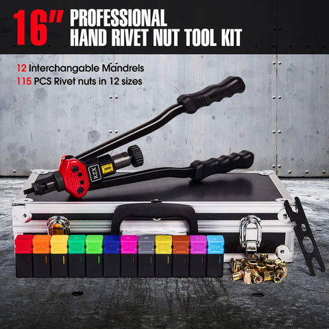 16 Inch Rivet Nut Tool Kit With Quick Change Head, case with 12 mandrels and 115 rivet nuts displayed, pro grade setter