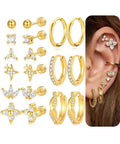 Gold Stud Earrings Set For Women With Nine Pairs Of CZ Flower, Ball, And Star Huggie Hoops For Multiple Piercings, Flat Back Cartilage Tragus Earrings, Stacks, Gold Silver Plated, Everyday Shine gold CZ flower and hoop set shown on ear