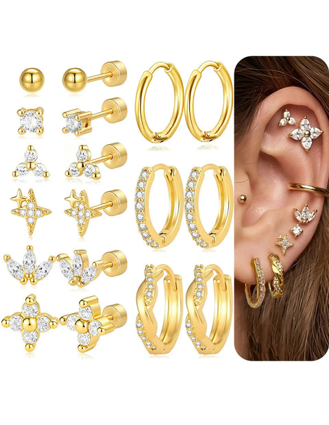 Gold Stud Earrings Set For Women With Nine Pairs Of CZ Flower, Ball, And Star Huggie Hoops For Multiple Piercings, Flat Back Cartilage Tragus Earrings, Stacks, Gold Silver Plated, Everyday Shine gold CZ flower and hoop set shown on ear