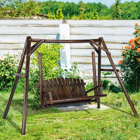 Wooden 2-Seat Porch Swing With A-Frame Stand For Outdoor Patio Garden Bench Slatted Design Carbonized Finish 550 Lbs Capacity