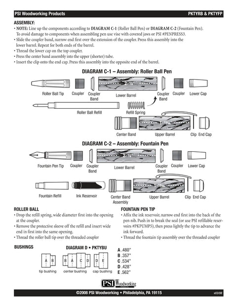 Top Shelf Gold Fountain Pen Turning Kit Featuring Dual Barrel Design And Solid Threads With Black Ink Cartridge, assembly instructions diagram.