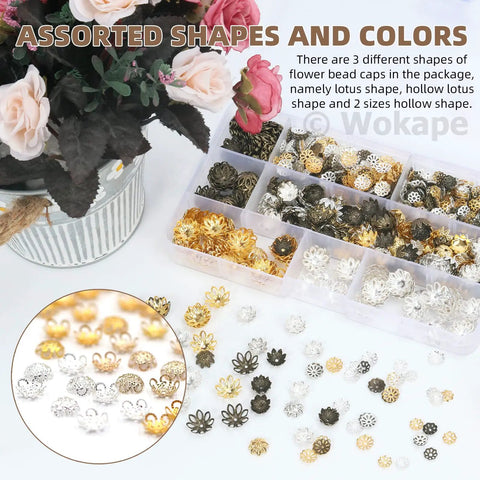 2100Pcs Flower Bead Caps And Spacers Set 4 Sizes Hollow Filigree End Caps in bronze, gold, silver with storage box and flowers