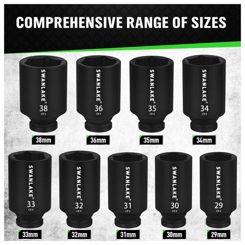 Beefy 9-Piece Half Inch Impact Axle Nut Socket Set, Deep Metric Sockets 29mm-38mm arranged in display, CR-V Steel 6-Point