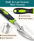Durable Ergonomic Garden Tools Set With Rust Proof Steel, Comfortable Grips, Green Finish, displayed with ergonomic handle.