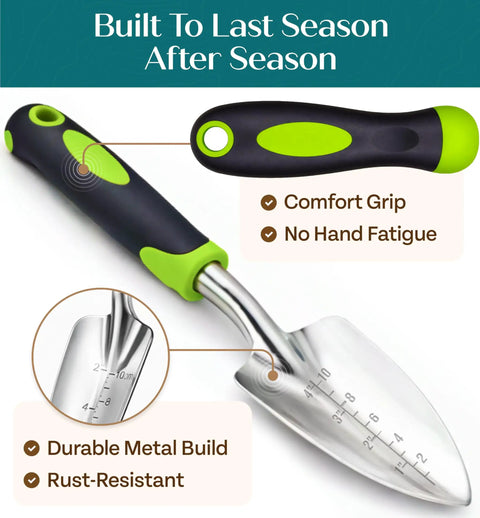 Durable Ergonomic Garden Tools Set With Rust Proof Steel, Comfortable Grips, Green Finish, displayed with ergonomic handle.