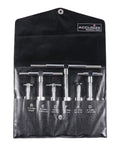 Front view of Accusize 6-piece telescoping gauge set in a black roll-up case; metal gauges from 5/16'' to 6''