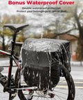 34L Waterproof Bike Pannier Bag With Rain Cover For Rear Rack, water pouring off the all-weather cover on a bike
