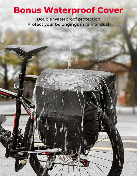 34L Waterproof Bike Pannier Bag With Rain Cover For Rear Rack, water pouring off the all-weather cover on a bike