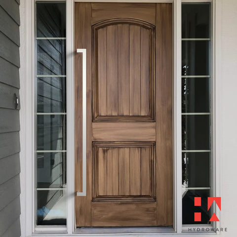 Push Pull Door Handle Set For 60 Inch Doors, Dual Sided Stainless Steel Hardware In Brushed Satin Nickel on wood entry door