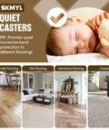 Image showing SKMYL quiet casters suitable for laminate, tile, hardwood flooring, and carpet with a sleeping child in the background.
